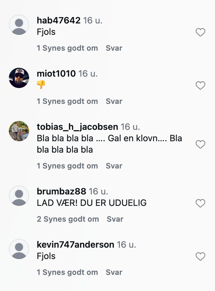 Skærmbillede af kommentarer på Instagram, hvor Casper Drømme kaldes fjols, klovn og uduelig