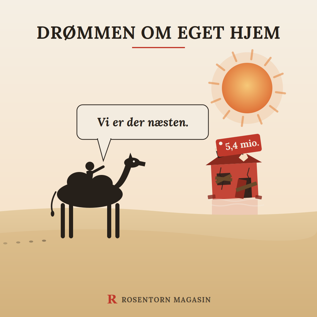 Meme: kamel i ørkenen siger Vi er der næsten foran en boligblok til 5,4 mio.